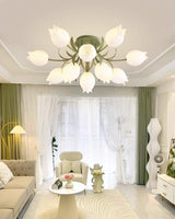 Floral Ceiling Light  White Tulip Glass Shades With Green Metal Base - Product detail 6