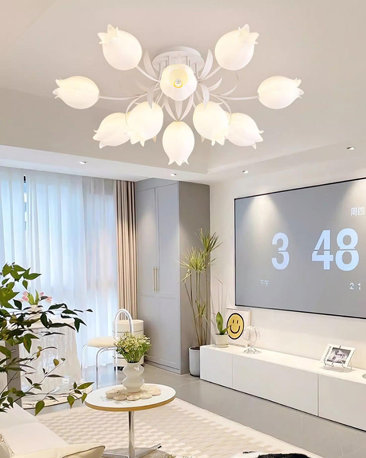 Floral Ceiling Light  White Tulip Glass Shades With Green Metal Base - Product detail 7