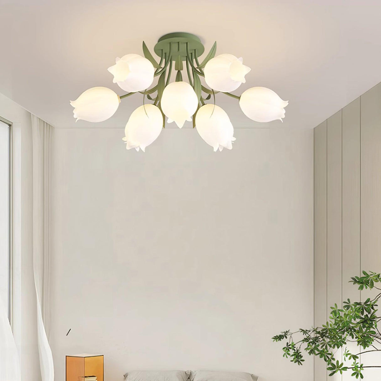 Floral Ceiling Light  White Tulip Glass Shades With Green Metal Base - Detailed view