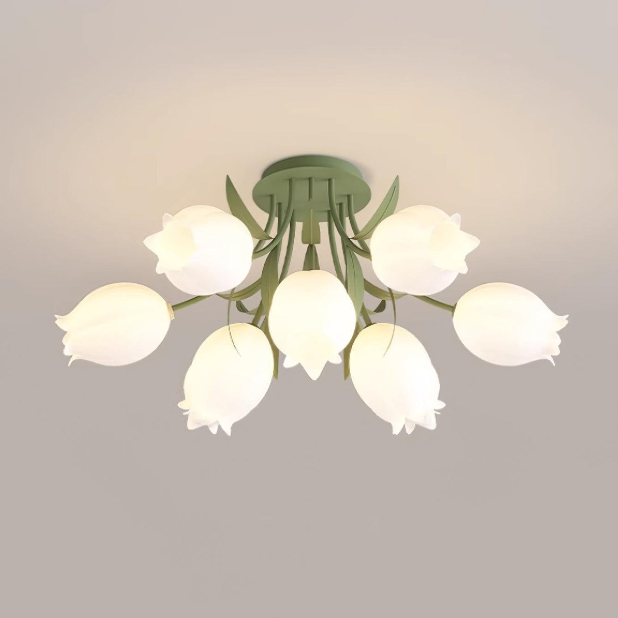 Floral Ceiling Light  White Tulip Glass Shades With Green Metal Base - Product detail 14