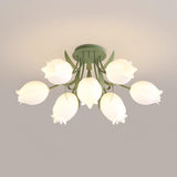 Floral Ceiling Light  White Tulip Glass Shades With Green Metal Base - Product detail 14