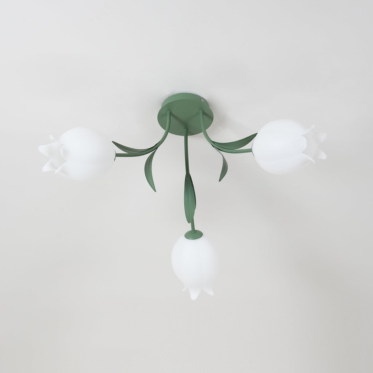 Floral Ceiling Light  White Tulip Glass Shades With Green Metal Base - Product detail 15