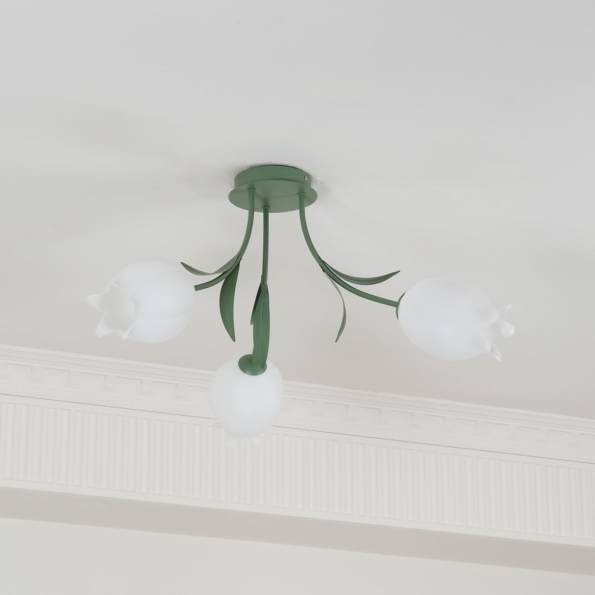 Floral Ceiling Light  White Tulip Glass Shades With Green Metal Base - Product detail 24