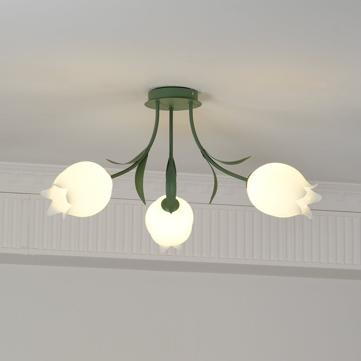 Floral Ceiling Light  White Tulip Glass Shades With Green Metal Base - Product detail 25