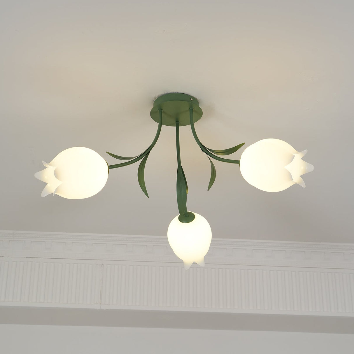 Floral Ceiling Light  White Tulip Glass Shades With Green Metal Base - Product detail 20