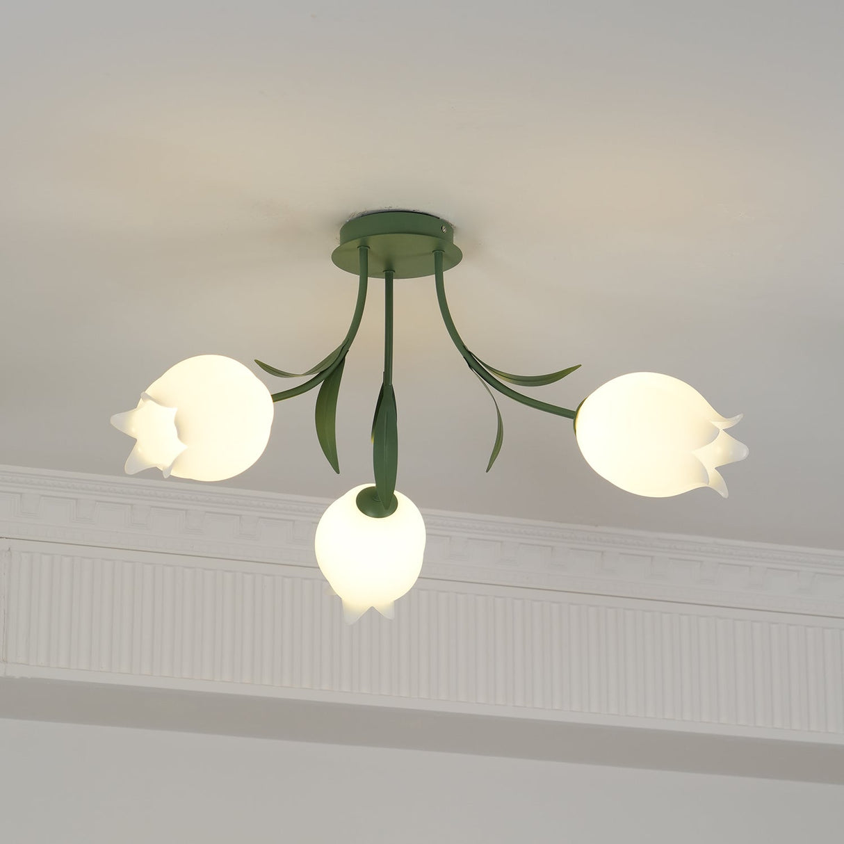 Floral Ceiling Light  White Tulip Glass Shades With Green Metal Base - Product detail 22