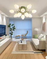 Floral Ceiling Light  White Tulip Glass Shades With Green Metal Base - Product detail 4
