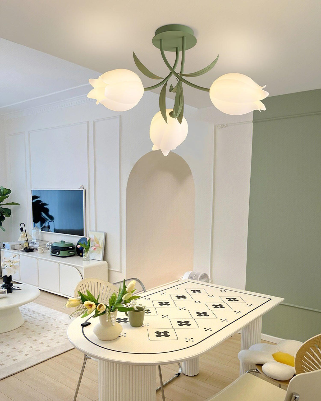 Floral Ceiling Light  White Tulip Glass Shades With Green Metal Base - Product detail 5