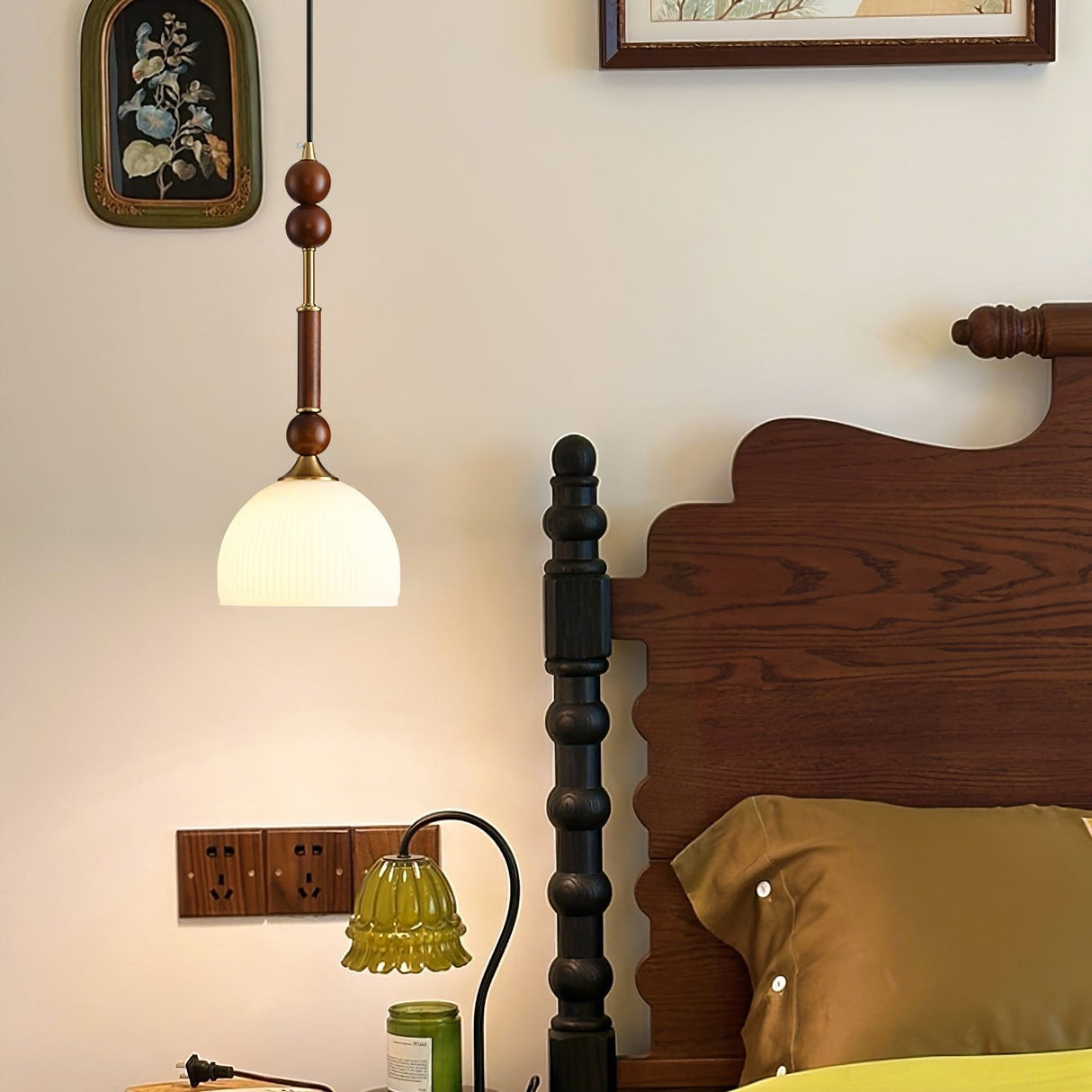 Italian Pendant Light  Wood and Glass Dome Design - Product example