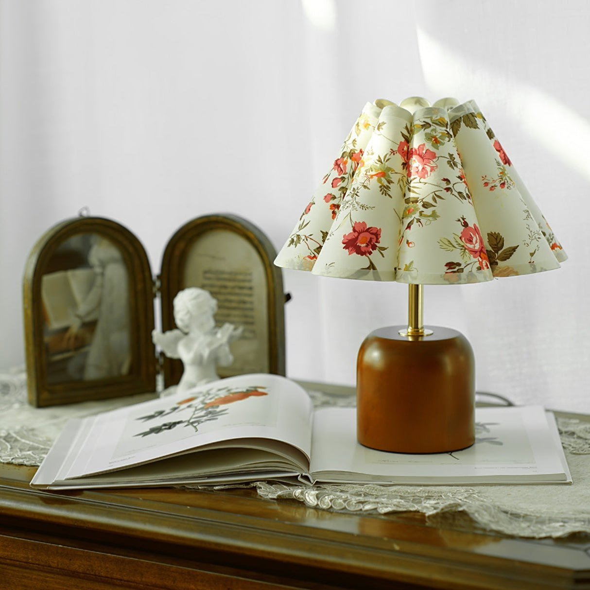Vintage Table Lamp  Floral Fabric Shade With Wooden Base - Product example
