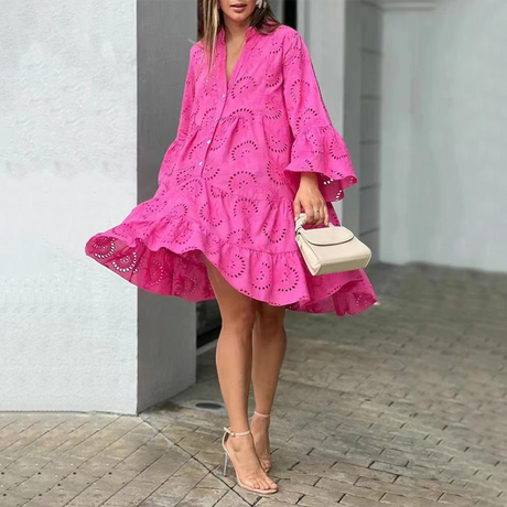 Eyelet Summer Dress  Lantern Sleeve V-Neck Design - Product detail 10