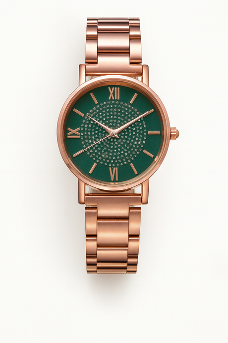 Rose Gold Womens Watch  Crystal Dial Roman Numerals - Detailed view