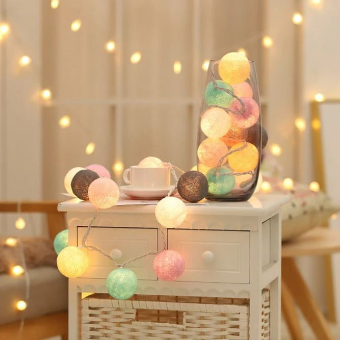 Cotton Ball String Lights  Colorful LED Garland - Detailed view
