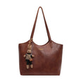 Vegan Leather Tote Bag  Brown Vintage Style with Bear Charm - Product showcase