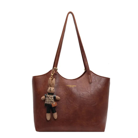 Vegan Leather Tote Bag  Brown Vintage Style with Bear Charm - Product showcase