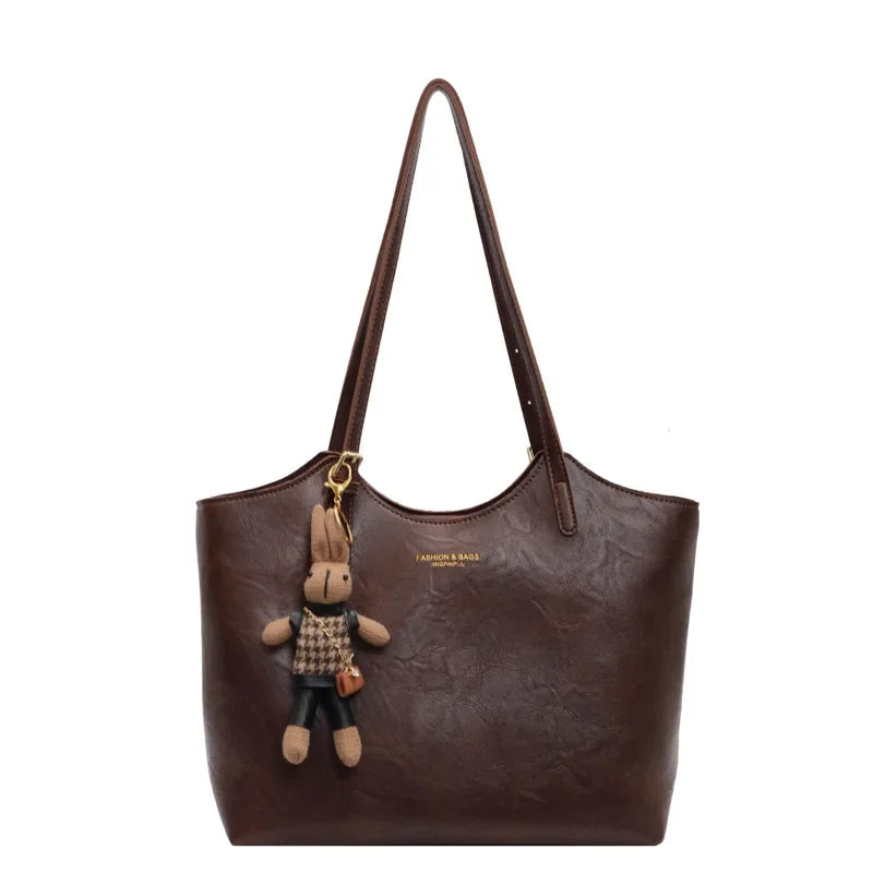 Vegan Leather Tote Bag  Brown Vintage Style with Bear Charm - Product example