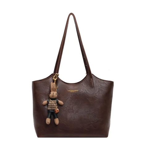 Vegan Leather Tote Bag  Brown Vintage Style with Bear Charm - Product example