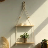 Macramé Wall Shelf  Natural Wood Boho Hanging Display - Product detail 10