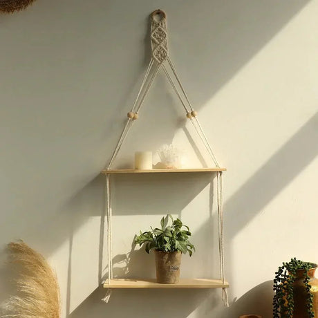 Macramé Wall Shelf  Natural Wood Boho Hanging Display - Product detail 10