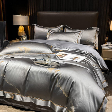 Luxury Egyptian Cotton Bedding Set  Silver Satin With Gold Accents - Product detail 7