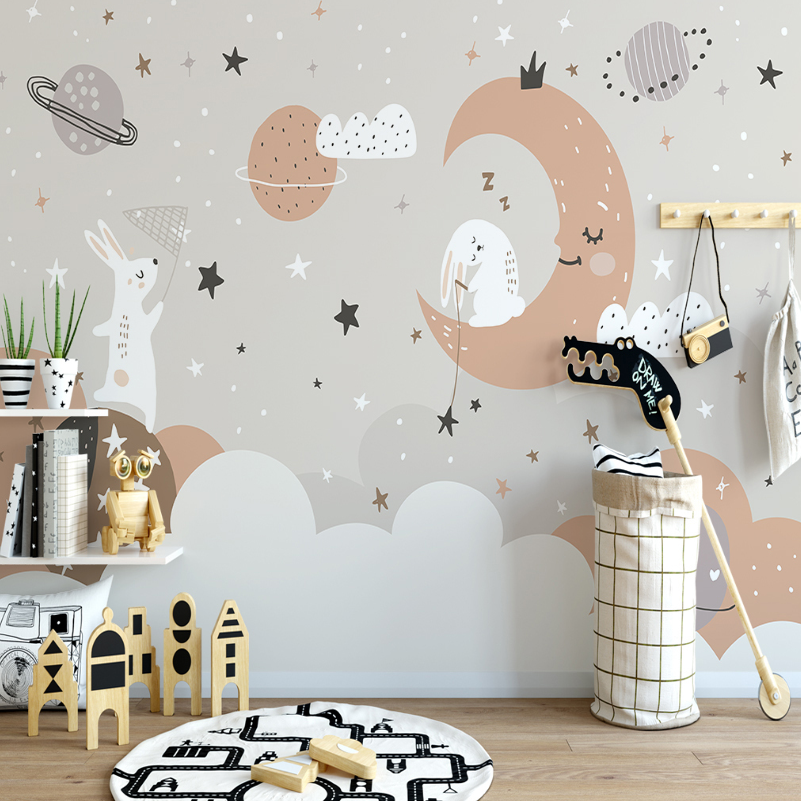 Kids Mural Wallpaper | Dreamy Bunny and Moon Space Design