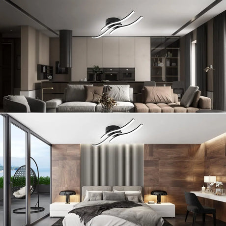 Modern LED Ceiling Light  Triple Wave Design Black Frame - Detailed view