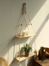 Macramé Wall Shelf  Natural Wood Boho Hanging Display - Product detail 4