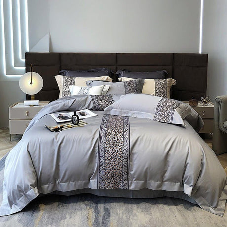 Luxury Egyptian Cotton Bedding Set  Embroidered Grey Pattern - Product showcase