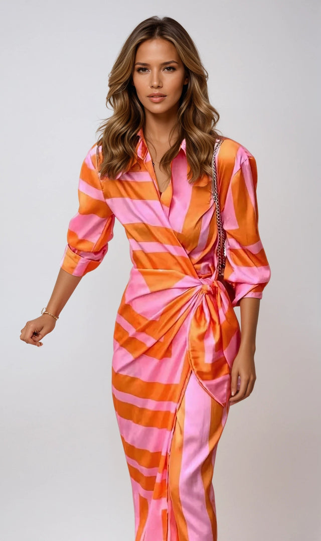 Striped Silk Maxi Dress  Orange Pink Wrap Design - Product showcase
