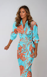 Striped Silk Maxi Dress  Orange Pink Wrap Design - Detailed view