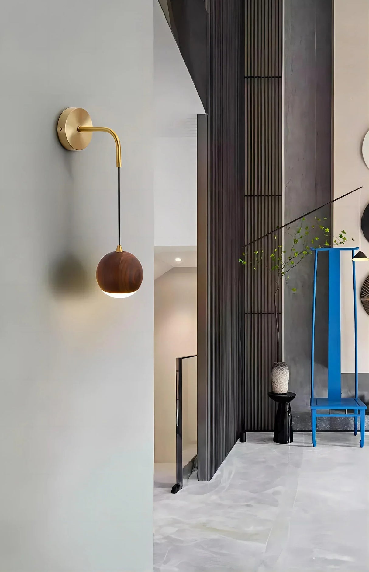 Modern Wall Sconce  Walnut Wood Globe with Brass Stem - Product detail 9