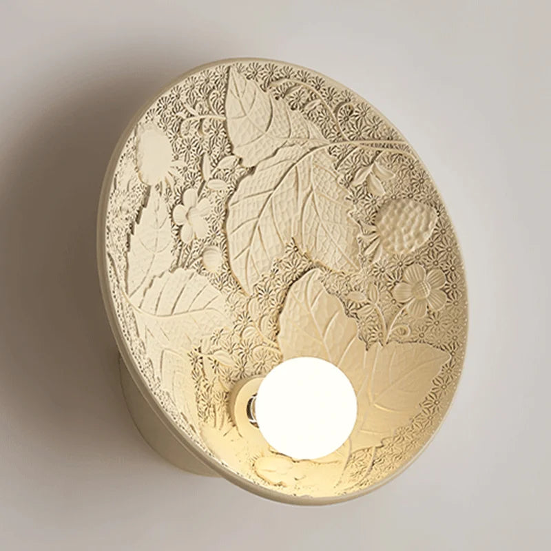 French Imperial Wall Lamp  Embossed Leaf Pattern Round Sconce - Detailed view