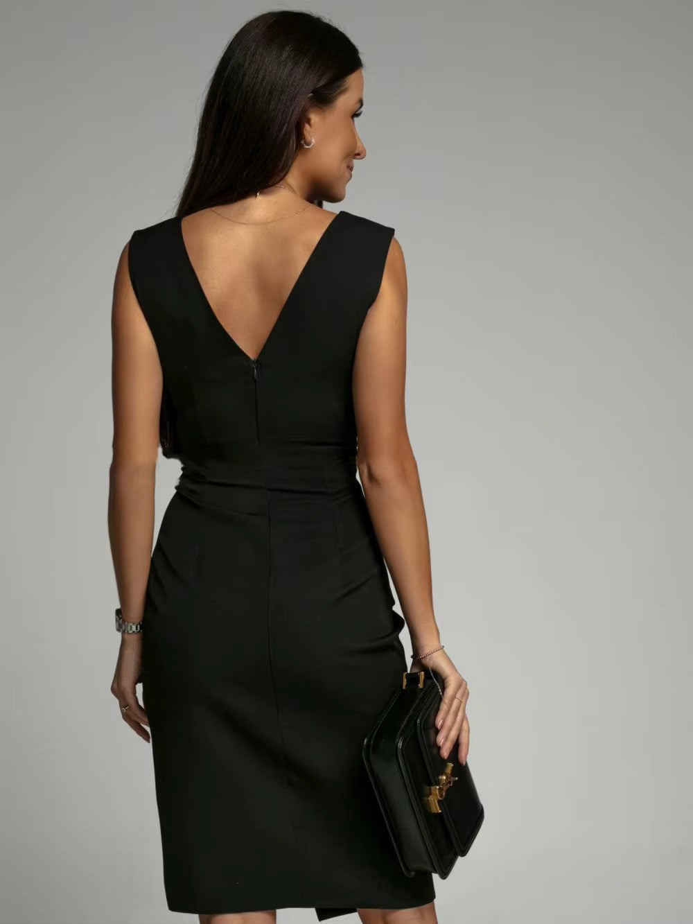 Elegant Cocktail Dress  Royal Blue V-Neck Side Slit Design - Product detail 6