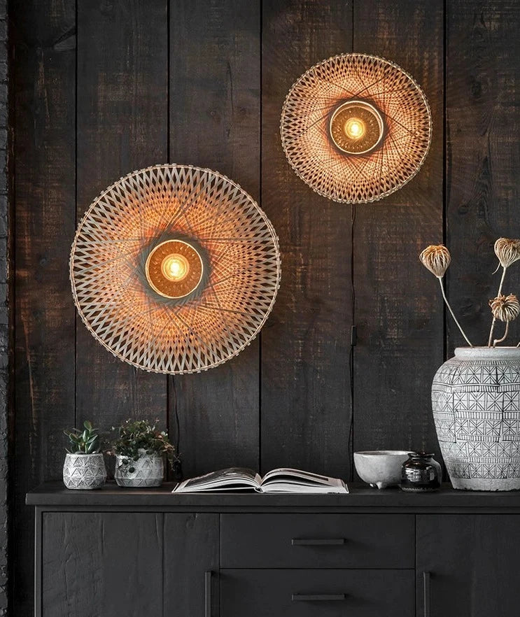Japanese Wall Light  Bamboo Woven Disc Design - Detailed view