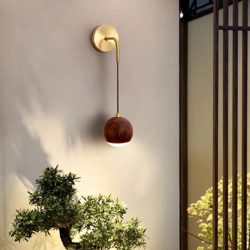 Modern Wall Sconce  Walnut Wood Globe with Brass Stem - Detailed view