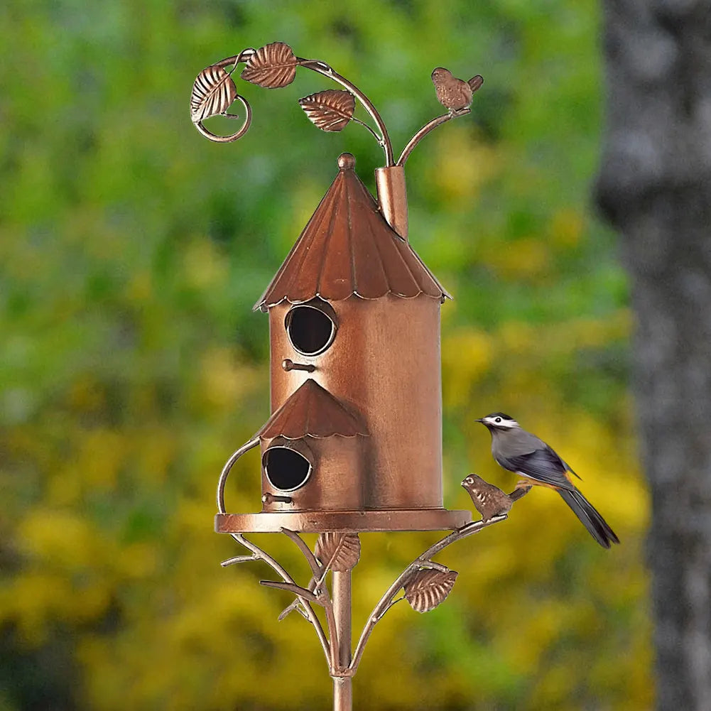 Copper Garden Birdhouse  Dual Entry Metal Bird House with Decorative Leaf Design - Product detail 4