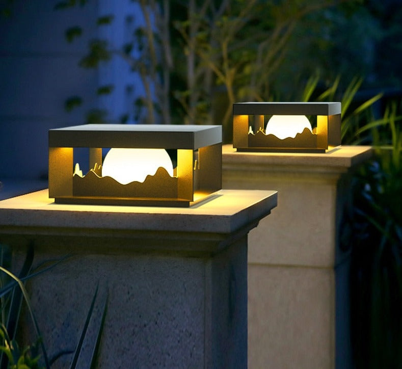 Modern Solar Wall Light  Cube Frame Mountain Silhouette - Detailed view