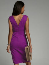 Elegant Cocktail Dress  Royal Blue V-Neck Side Slit Design - Product detail 4
