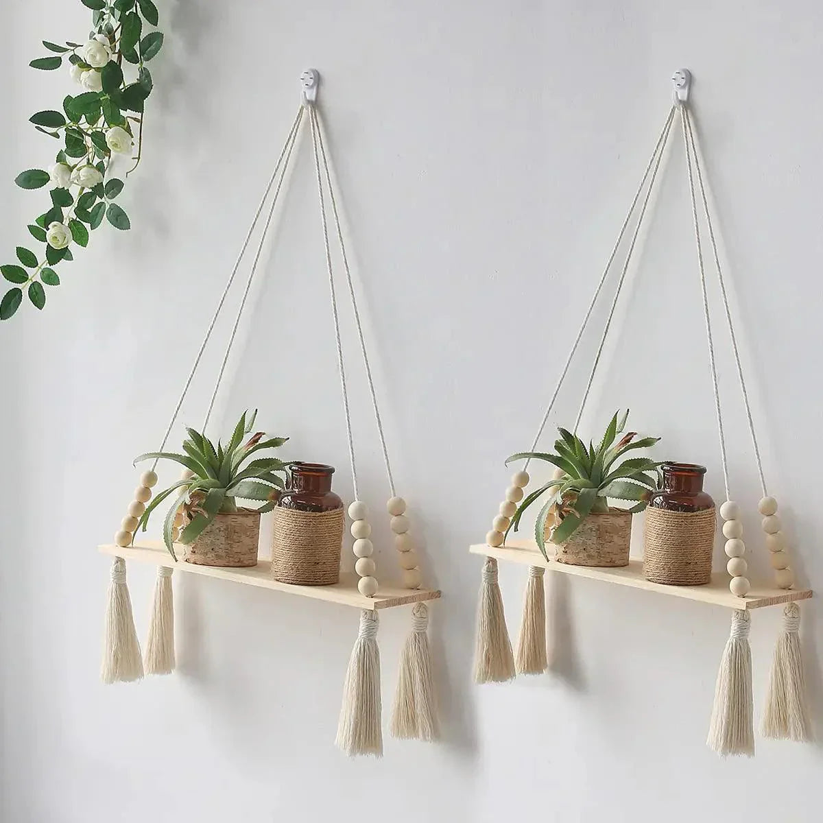 Macramé Wall Shelf  Natural Wood Boho Hanging Display - Product detail 8