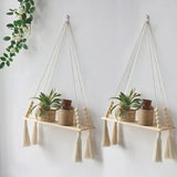 Macramé Wall Shelf  Natural Wood Boho Hanging Display - Product detail 8