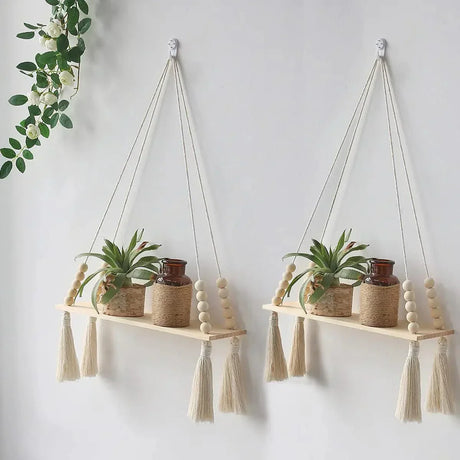 Macramé Wall Shelf  Natural Wood Boho Hanging Display - Product detail 8