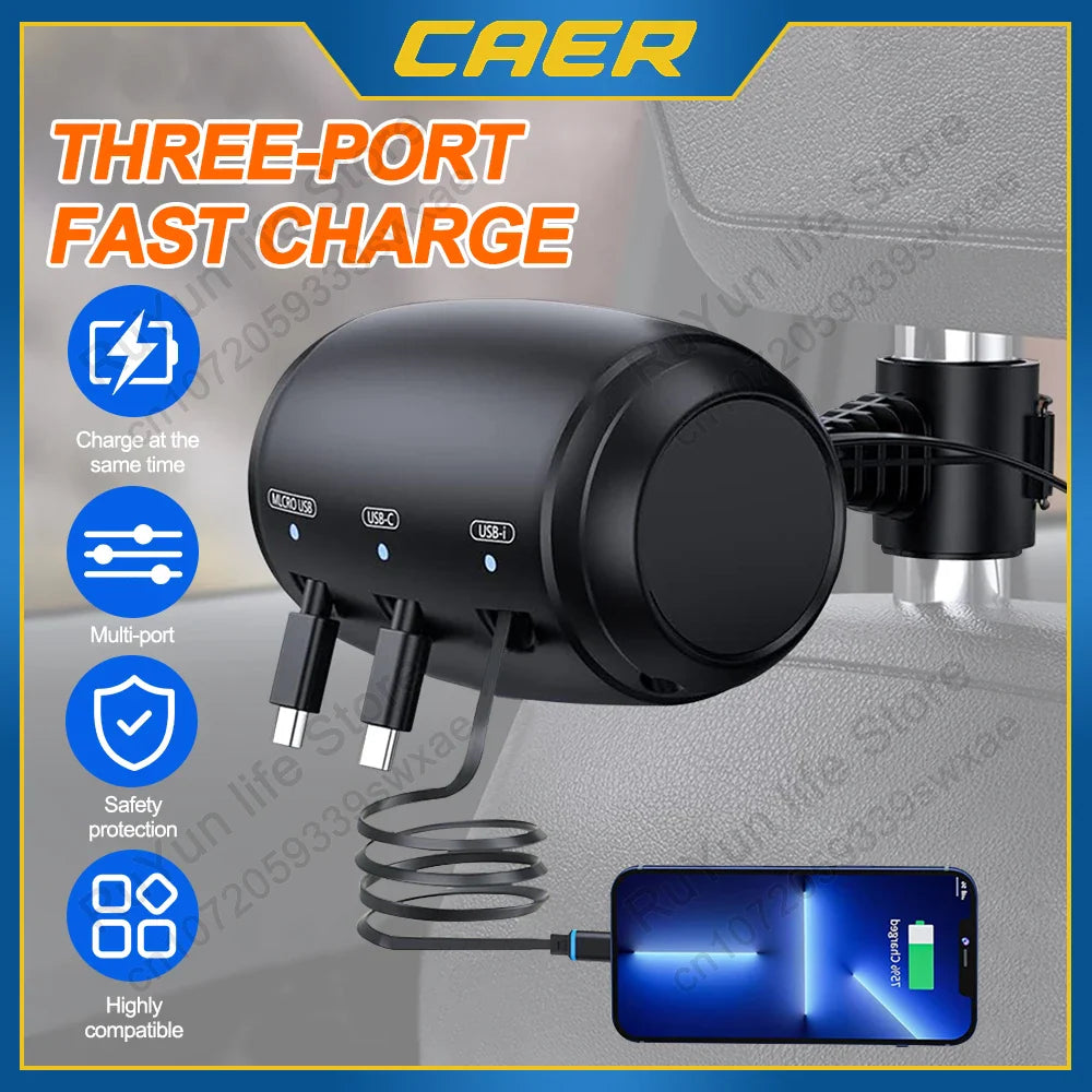 Multi-Port Car Charger  3-in-1 Retractable Fast Charging Hub - Product showcase
