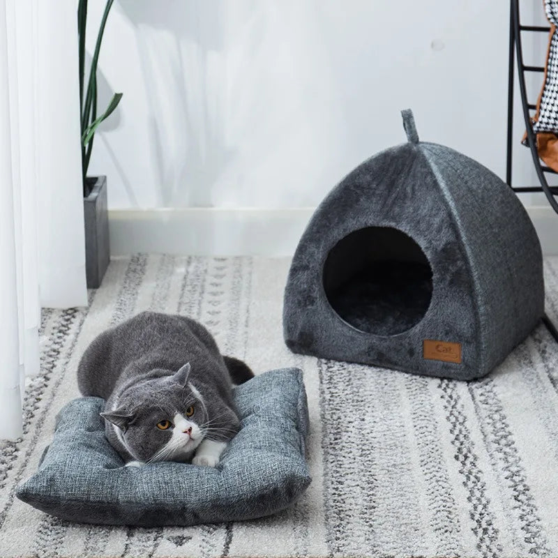 Plush Cat House  Triangular Velvet Pet Shelter - Product showcase