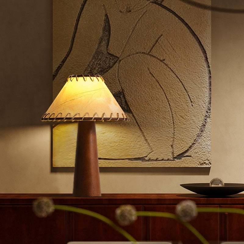 Wabi-Sabi Table Lamp  Wooden Base with Handstitched Shade - Detailed view