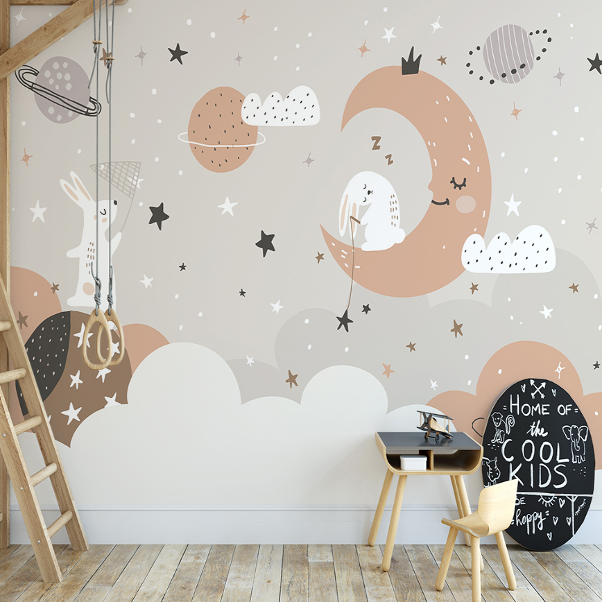 Kids Mural Wallpaper | Dreamy Bunny and Moon Space Design