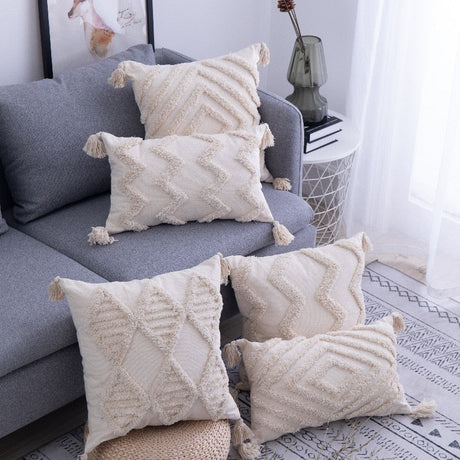 Tufted Throw Pillow Covers  Geometric Cotton With Tassels - Product showcase