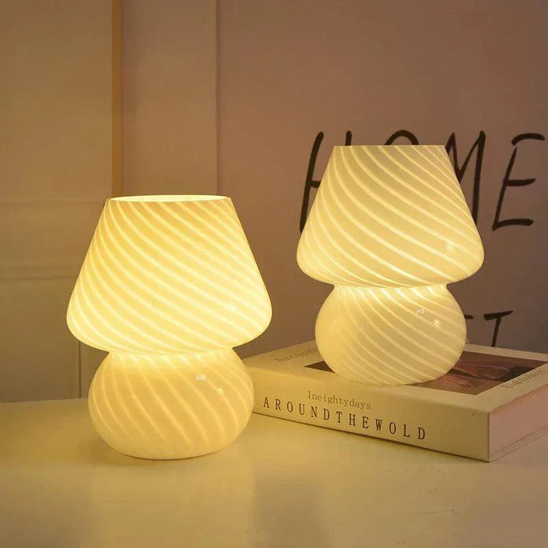 Striped Glass Table Lamp  Pink Mushroom Design - Detailed view