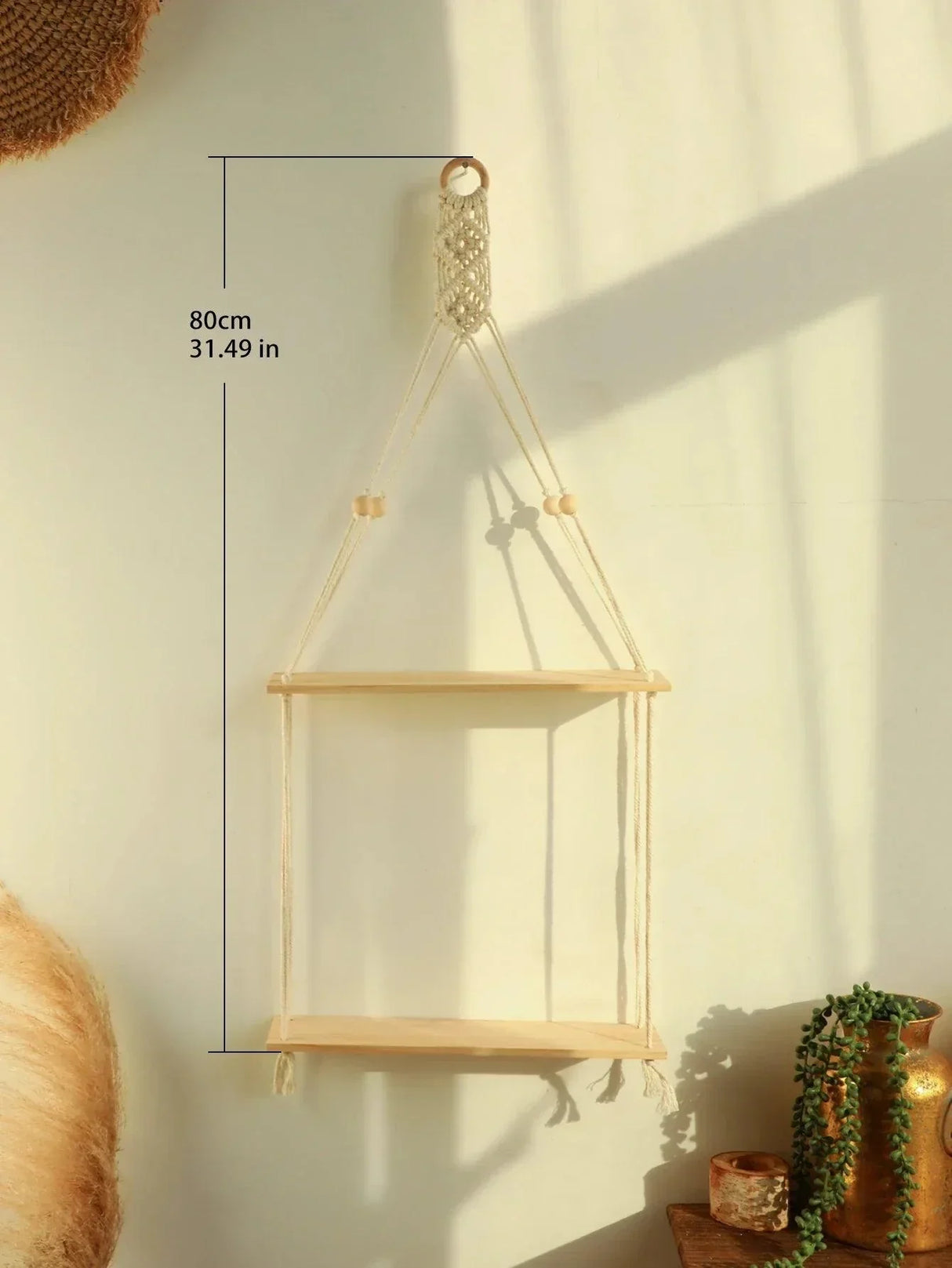 Macramé Wall Shelf  Natural Wood Boho Hanging Display - Product detail 7