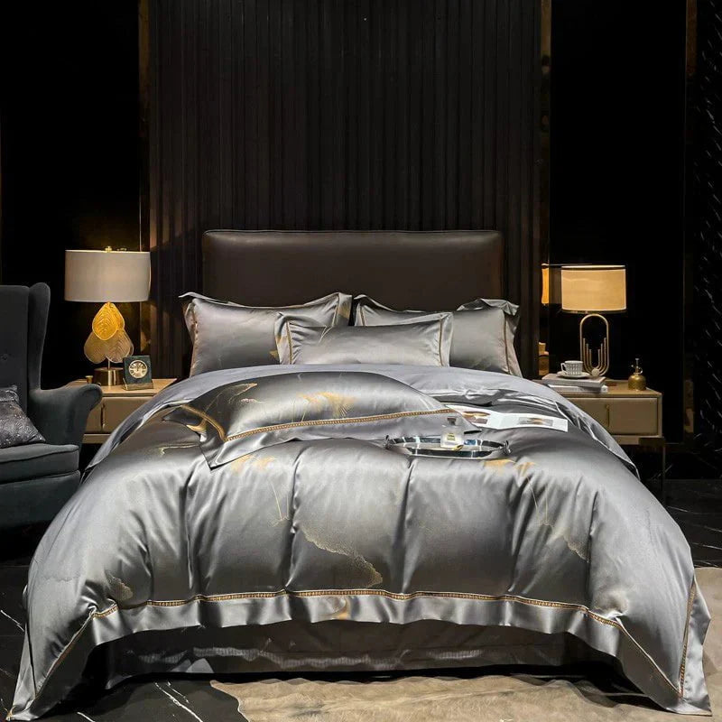 Luxury Egyptian Cotton Bedding Set  Silver Satin With Gold Accents - Product showcase