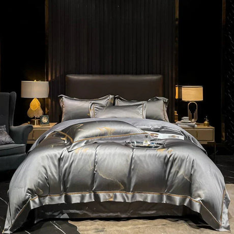 Luxury Egyptian Cotton Bedding Set  Silver Satin With Gold Accents - Product showcase